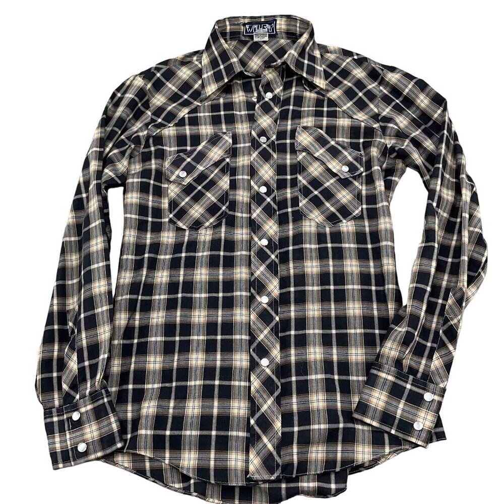 Wiley‎ Shirt Men Small 36 Brown Black Plaid Snap Fitted Western Cowboy Cotton
